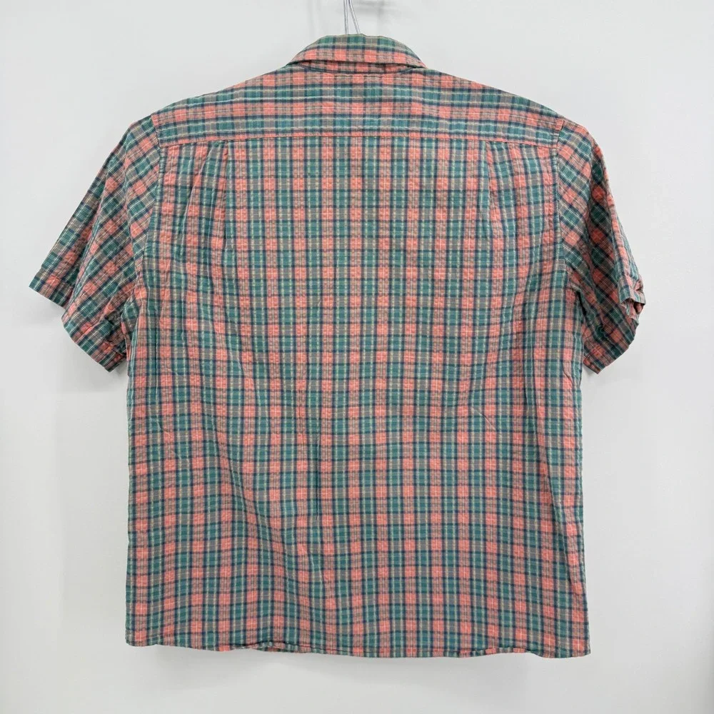 LL Bean Button Down Shirt Mens L Pink Green Plaid Cotton Short Sleeve Fitted